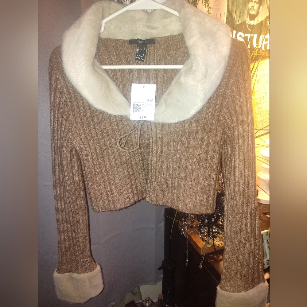 Faux fur tie front Sweater cardigan